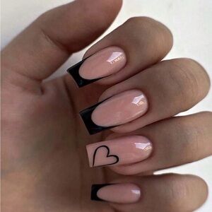 Black French Tip Press-On Nails – Nude Pink Coffin Shape with Heart Accent Set